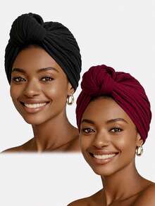 2pcs Women's Knotted Headwrap Hat, Ruched Style Turban Headscarf, Suitable For Spring, Autumn And Winter - Black/Wine Red - View 3