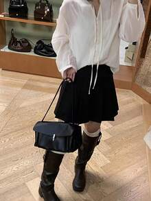女款新款抓褶翻蓋腋下包，復古可調節長肩帶單肩包，極簡金屬鎖扣手提包，百搭通勤斜挎包 - 黑色 - 查看 4