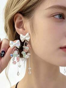 JOJELOO 1PC Elegant Vacation Style Dopamine Colorful Crystal Beaded Tassel Bow Earrings, Sweet Women's Daily Date Jewelry Accessory - Silver - View 8