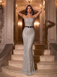 Modphy New Strapless Sleeveless Fitted Backless Heavy Sequin Long Dress (With Belt) Wedding Gown - Silver - View 6