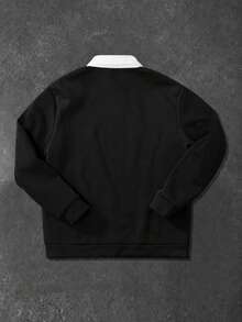 Men's Colorblock Polo Collar Fleece Sweatshirt, American Retro Loose Fit Warm Long Sleeve Commuter Versatile Black Pullover - Black - View 5