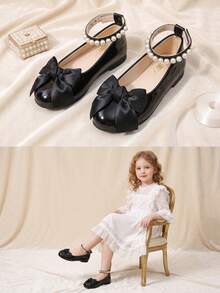 1 Pair Girls' Shiny Black Mary Jane Flat Shoes, Bow Pearl Buckle Ankle Strap Round Toe Princess Wedding Party Formal Shoes, Children's Fashion Elegant Shoes - Black - View 6