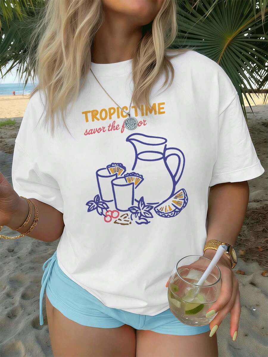 Tropical Lemonade Summer T-Shirt, Soft Cotton, Graphic, Hip-Hop Street Style, Breathable. - White - View 1