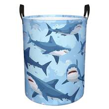 1pc Cartoon Shark Print Round Laundry Basket, Light Blue Underwater Bubble Ocean Animal Storage Bucket With Handle, Foldable, Suitable For Clothes Or Storage, Perfect For Bedroom Or Bathroom Decor - Mint Blue - View 6