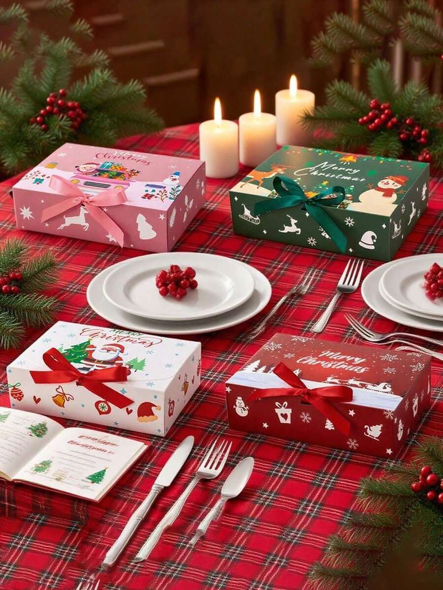 1set Christmas Themed Covered Party Gift Box Packaging, Multi-Color Bow Ribbon, Perfect For Holiday Decoration Gift Box, Christmas Gift Box, Christmas Decoration, Christmas Gift, Thanksgiving Gift, Holiday Party Souvenir Decoration Packaging Box - A - View 1