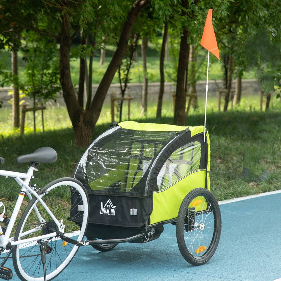 HOMCOM Remolque de Bicicleta para Niños +18 Meses Cochecito para Transporte de 2 Plazas con Cinturón de Protección Espacio de Almacenamiento y Sistema de Amortiguador 140x88x90 cm Verde - Verde - Ver 1