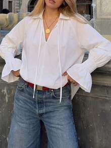 Women's Solid Color Long Sleeve Ruffle Trim Strap Top - White - View 2