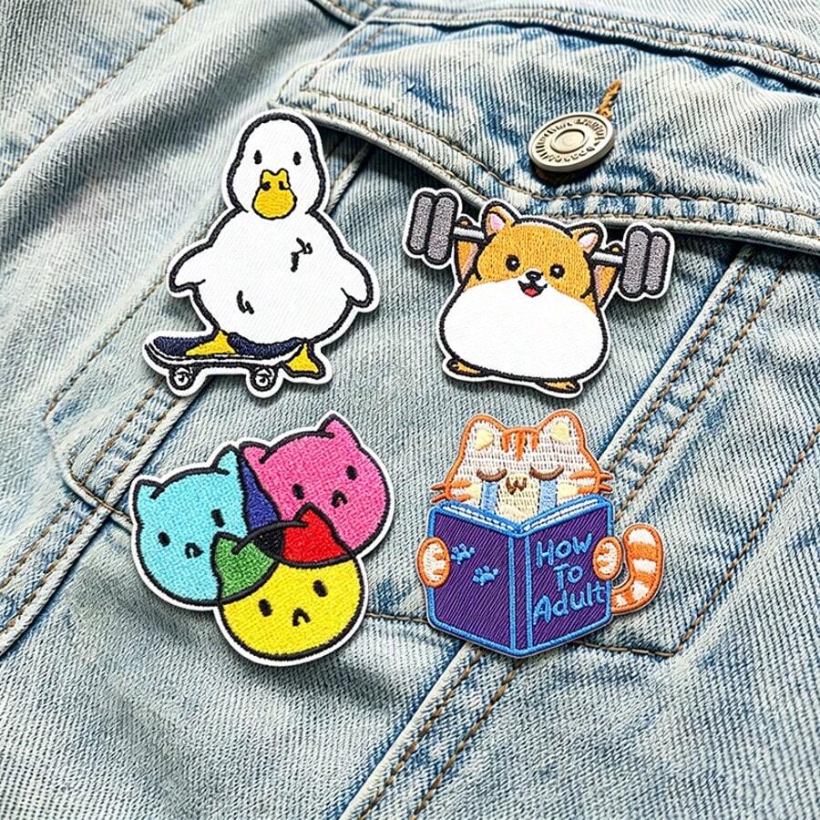 4 Piezas/Set Parches Termoadhesivos de Animales de Dibujos Animados Lindos, Apliques Bordados de Pato, Gato y Hámster para Jeans, Chaquetas, Mochilas, Decoración Divertida de Ropa DIY - multicolor - Ver 1