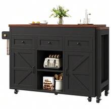 Kitchen Island With Storage, Extendable Dining Table/Bar Table (131.5-210 Cm), 360° Rotatable, With Drawers And Cabinets, Versatile Worktop For Kitchen, Dining Room And Small Spaces, Black - 黑色 - 查看 6