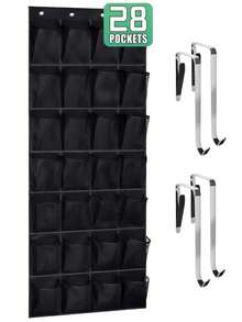 LMMAKE Hanging Shoe Rack With 28 Pockets & 4 Metal Hooks, Hangs Behind Door/Closet For Shoes & Sundries, Ideal For Small Apartments & Rentals. - 黑色 - 查看 9