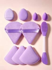 10 PCS Taro Purple All-In-One Beauty Tool Set, Mini Teardrop Makeup Sponges, Heart Cushion Puffs, Triangle Velvet Puffs, Foundation Setting & Cleaning Kit - Multicolor - View 1
