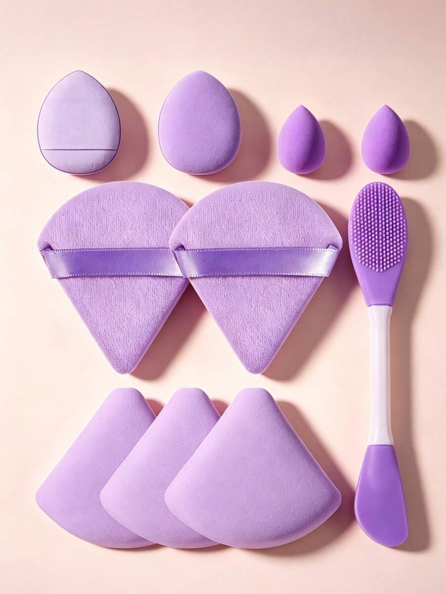 10 PCS Taro Purple All-In-One Beauty Tool Set, Mini Teardrop Makeup Sponges, Heart Cushion Puffs, Triangle Velvet Puffs, Foundation Setting & Cleaning Kit - Multicolor - View 1