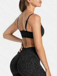 NcmRyu Bộ đồ yoga nữ họa tiết da báo, áo ngực thể thao có đệm tháo rời, dây áo mảnh điều chỉnh được, quần short cạp cao, quần dài 9/10 - màu đen - Xem 7