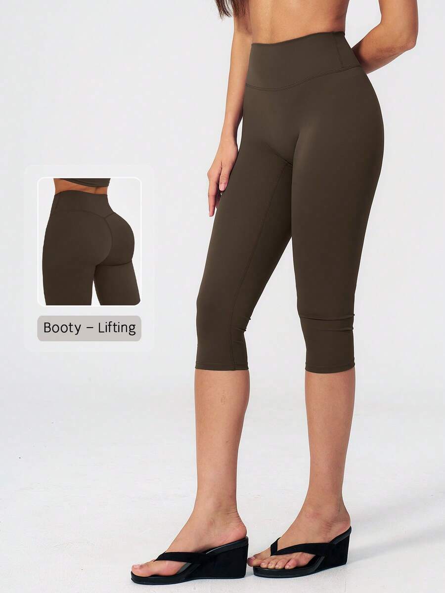 NcmRyu Women's 1pc Solid Color High Waist Tummy Control Butt Lifting Slim Fit Sports Mid-Length Shorts - Coffee Brown - View 1
