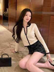 秋冬韓系甜美休閒風對比飾邊針織開襟衫女款，Ins風秋季 - 杏色 - 查看 6