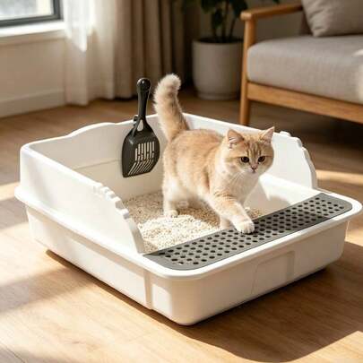Precioguay Arenero para Gatos con Borde Alto, Blanco y Gris, Tamaño Grande, Incluye Pala, Antidesperdicio y Fácil de Limpiar, Ideal para Gatos Domésticos