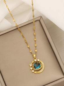 1pc Stainless Steel Women's Necklace, Moon-Shaped Pendant Decorated With Starry Stone And Rhinestones (Necklace Box Not Included) - Gold - View 12