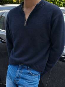 1pc Boys' Casual Half-Zip Sweater, Versatile For Back To School, Autumn/Winter - Navy Blue - View 4