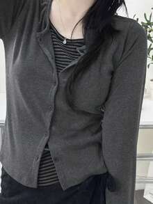女士多功能修身撞色二合一条纹拼接圆领修身长袖开衫，秋季款 - 深灰色 - 查看 5