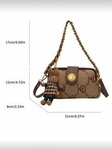 Khaki Letter Print Small Square Shoulder Bag, Dual Gold Chain & Leather Handle Strap, Metal Buckle Decor, Cute Rabbit Charm, Daily Handbag - Khaki - View 3
