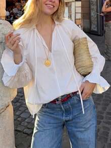 Women's Solid Color Long Sleeve Ruffle Trim Strap Top - White - View 1