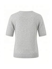 Knit Mix 優雅女款春秋時尚休閒通勤風素色羅紋針織短袖圓領套頭T恤上衣 - 淺灰 - 查看 2