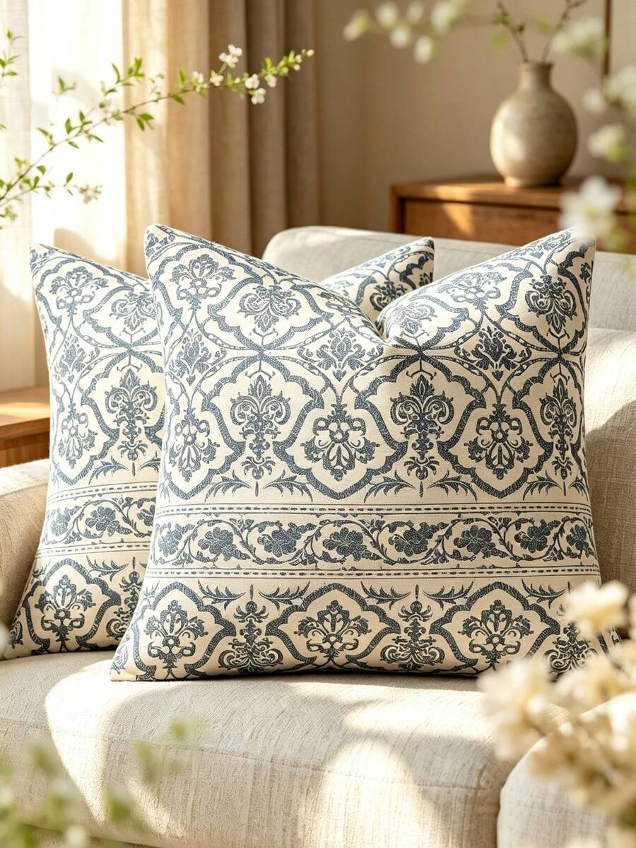 1 pieza Funda de almohada vintage con estampado floral, funda decorativa de almohada con patrón campestre, funda de cojín de sofá estilo granja bohemio, funda de almohada cuadrada moderna para sala de estar, decoración del hogar para dormitorio y dormitorio, regalo de Acción de Gracias y Halloween - Azul - Ver 1