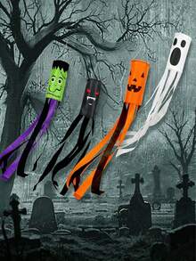 4 piezas Banderas de jardín con temática de Halloween, impresas con patrones de dibujos animados de fantasmas, calabazas, murciélagos y otros monstruos aterradores. Perfectas para decoración colgante al aire libre, letreros de patio de Halloween, o decoraciones de fiesta para el hogar, patio, césped, jardín y pasillo. - color - Ver 5