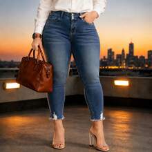 Plus Size High Waist 3-Button Slim Fit Denim Jeans, Tummy Control Stretch Blue Jeans Vacation Casual Fall - Blue - View 3