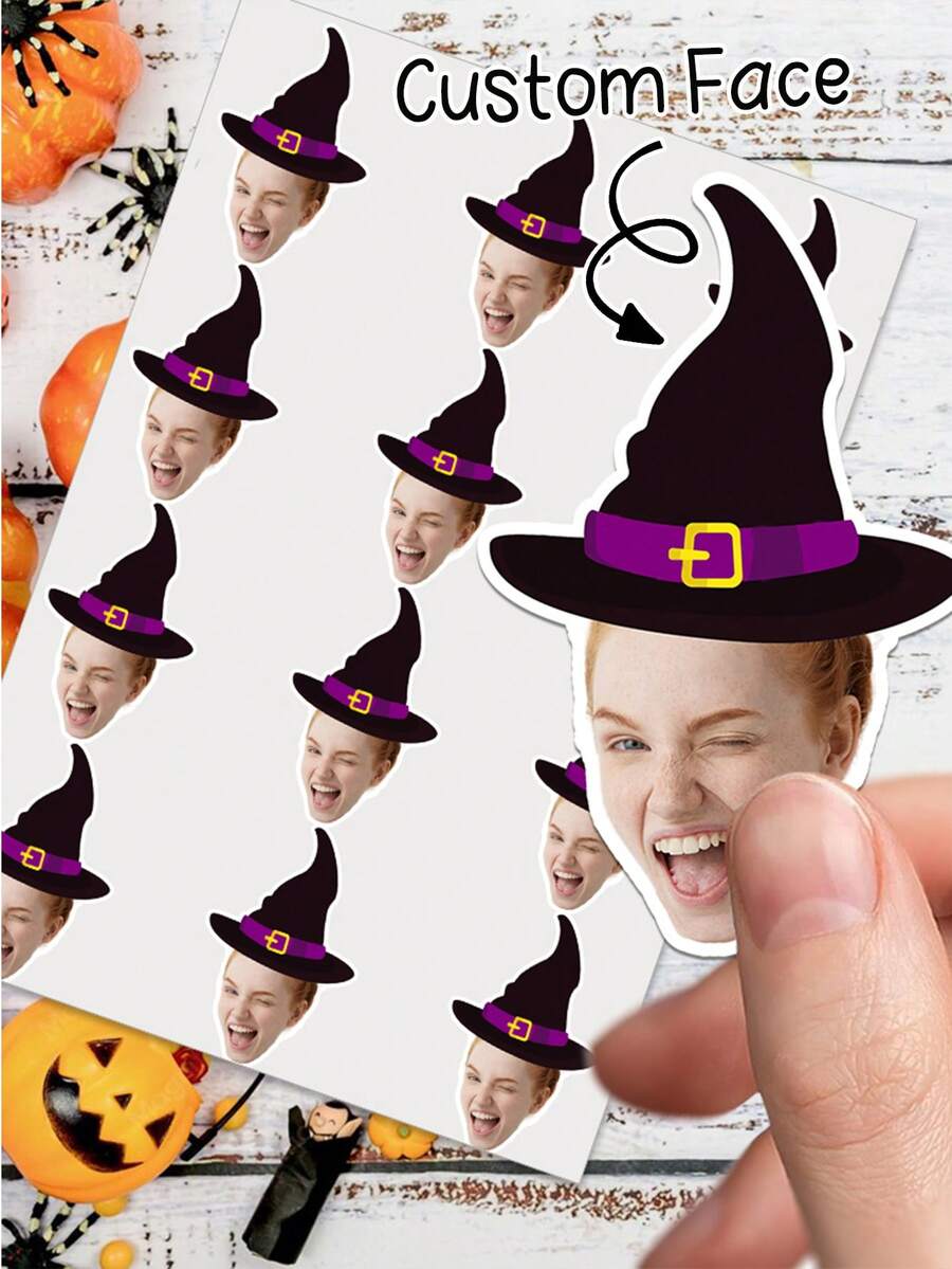 UNICCUT 24/48pcs Customized Halloween Witch Hat Face Stickers, Happy Halloween Personalized Head Stickers With Face Photo, Self-Adhesive Photo Gift Labels For Holiday Gifts, Envelopes, Greeting Card Labels, Sticker - Multicolor - View 1