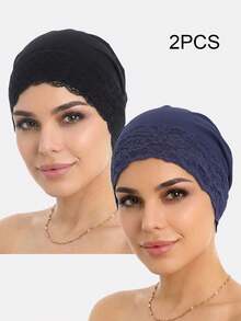 2pcs Lace Trim Bonnet Muslim Headscarf Sleep Cap Headwrap Maternity Cap Suitable For Daily Use - Multicolor - View 8