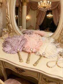 Vintage Court Style Luxurious Artificial Feather Fan, Exquisite Carved Gold-Plated Handle Inlaid With Rhinestones And Pearls. Suitable For Photography Props, Banquet Ball Handheld Fan, Fashion Accessories And Home Decor. Perfect Mother's Day Gift, Travel Essential, Ideal Wedding Favor. - Fan - View 1