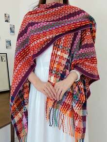 1pc Vintage Plaid Shawl, Thick Warm Tassel Scarf, Cardigan-Style Cape For Autumn/Winter - Red - View 2