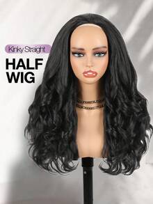 Women's Long Yaki Curly Half Wig, Fluffy Curly Synthetic Straight Hair Wig, Curly Ends, Suitable For DIY Hairstyles, Daily Wear (Black, 22 Inch) - Black - View 2