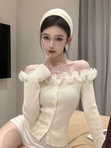 Autumn/Winter Casual Korean Sweet Style Ruffle Off-Shoulder Knit Sweater, Fitted Slim Fit Long Sleeve Top, Warm Gentle Elegant Versatile Base Layer, Apricot Color - Apricot - View 6