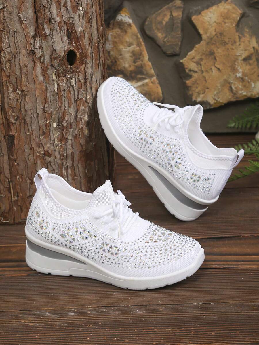 Women's Rhinestone Thick Sole Platform Shoes, Soft Bottom Lightweight Knit Mesh Sneakers, Height-Increasing Slimming Fashion Casual Loafers For Petite Women - White - View 1