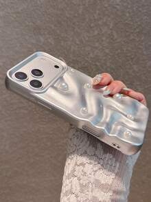 奢華銀色波浪紋珍珠鑲嵌手機殼，適用於 iPhone 17 Pro Max/17 Pro/17/16 Pro Max/16/16 Pro/16 Plus/15/15 Pro Max/15 Pro/15 Plus/11/12/13/14 Pro Max/12 Pro/12 Pro Max/13 Pro/13 Pro Max/14 Pro/14 Pro Max/14 Plus，軟殼，3D 波浪紋理 - 銀色+貼珍珠 - 查看 3