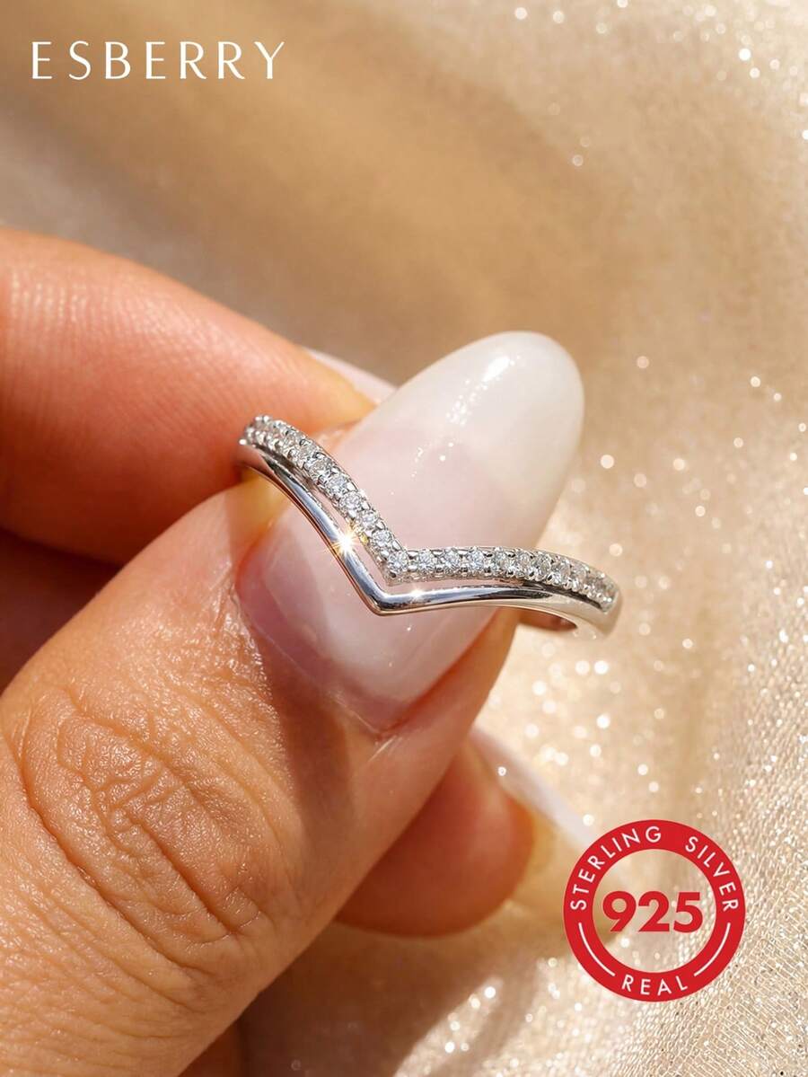 ESBERRY 1枚S925纯银双V形订婚戒指/结婚戒指，女士承诺戒指/永恒戒指，精致珠宝礼品