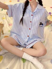 2件組女款睡衣套裝，格紋印花短袖短褲附口袋，舒適時尚，易打理面料 - 藍白色 - 查看 1