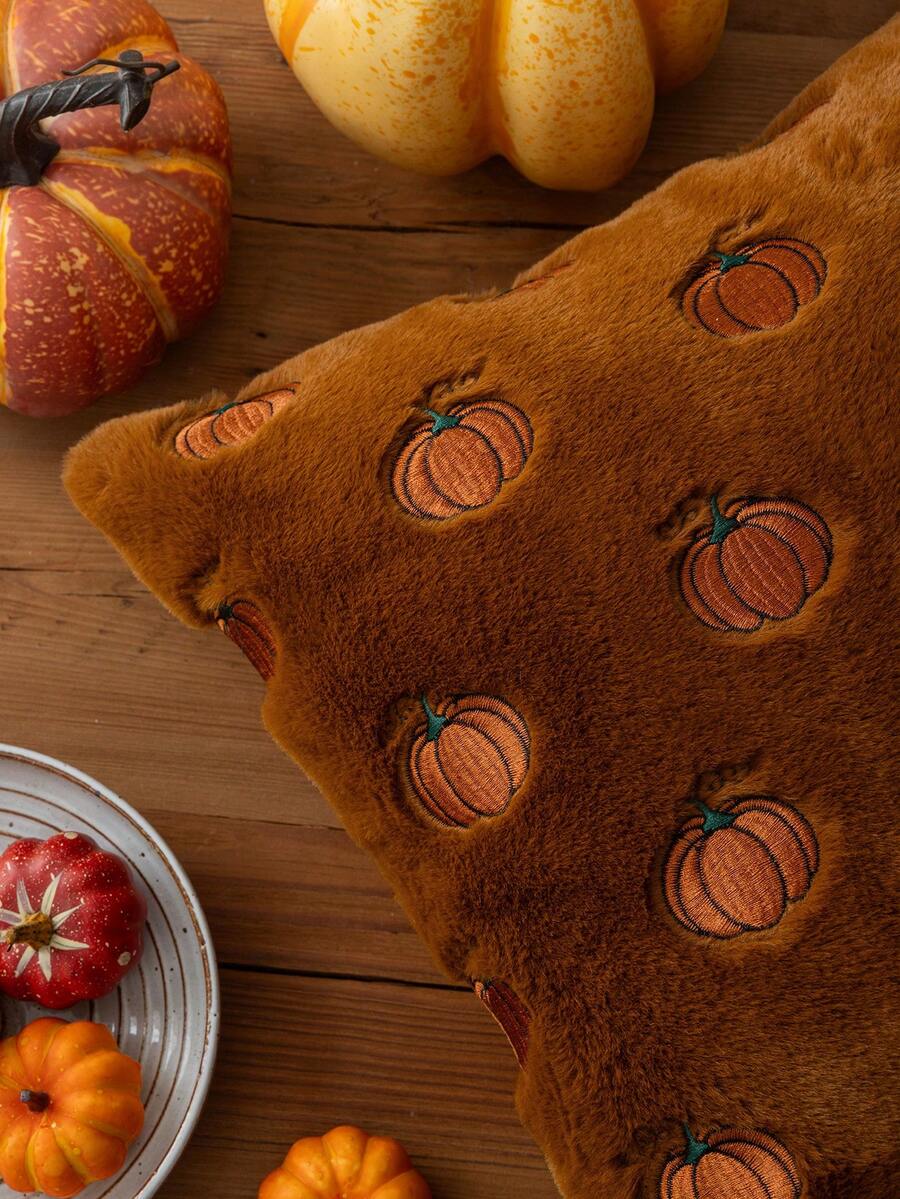 Homemorelove 1/2pcs PV Velvet Small Pumpkin Embroidered Pillow Case, Autumn Decor, Thanksgiving, Halloween Atmosphere Home Decoration Cushion, Suitable For Living Room, Bedroom, Sofa, Pillow Insert Not Included - Deep-burn Rabbit Fur Deep-burn - View 1