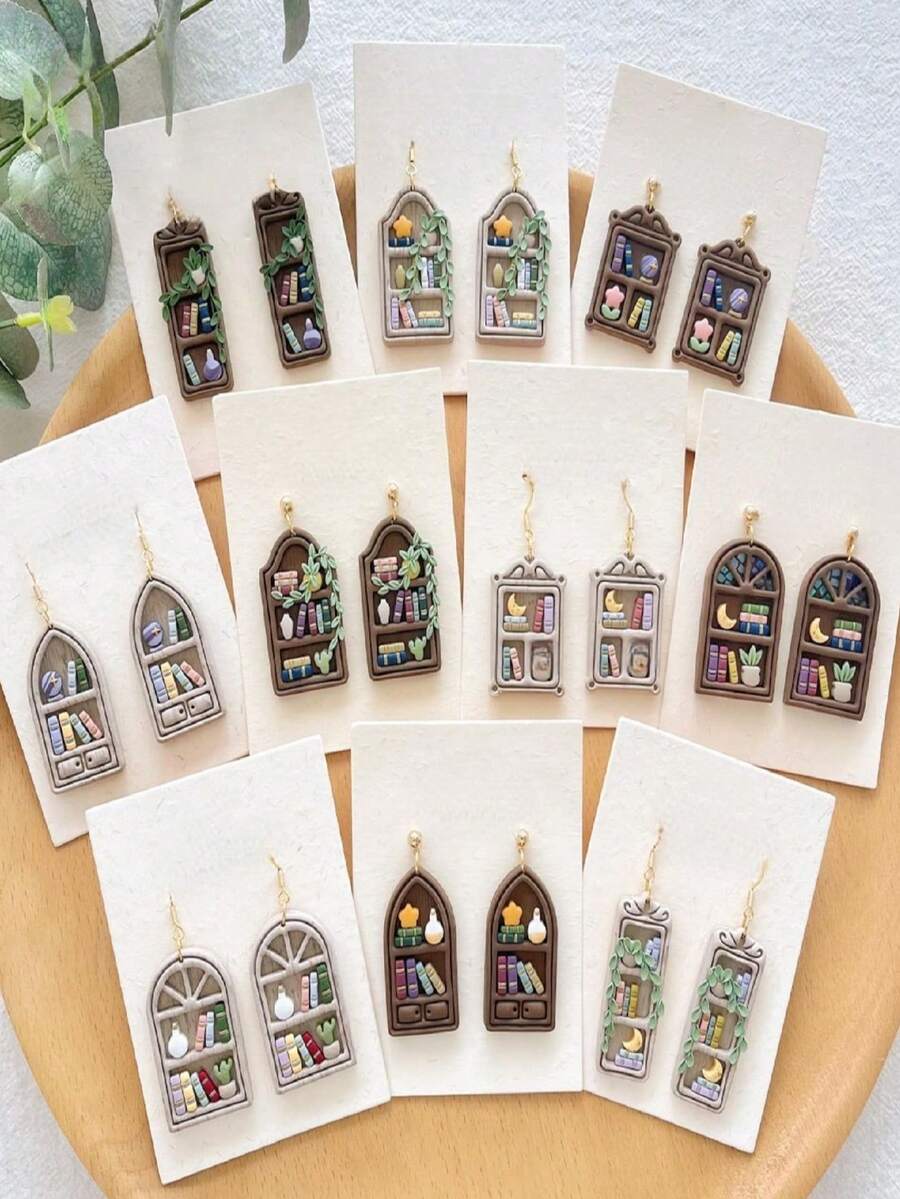 Vintage Bookshelf Window Polymer Clay Cutters, Arch Bookcase Frame & Mini Book Mold For Library Themed Earring DIY Crafts - Pink - View 1