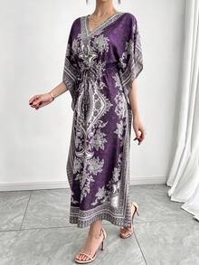Middle Eastern Arabic Tie-Dye Colorblock Loose V-Neck Casual 2-In-1 Elastic Slimming Vacation Short Sleeve Long Maxi Dress Cover-Up Robe Fall - Violet Purple - View 5