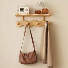 1pc Solid Wood Wavy Pattern High-End Wall Coat Rack, Shelf + Multi-Hook 2-In-1 Design, Modern Style Natural Wood Finish, Home Entryway Hallway Doorway Key Bag Storage Hanging Rack, Easy Installation High Load-Bearing Stable Structure, Cream Style High Aesthetic Home Decor Wall Storage Organizer - Multicolor - View 2