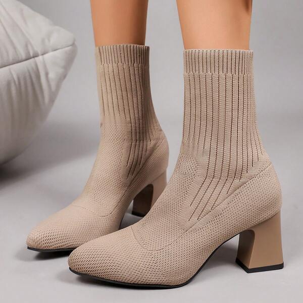 Women's Pointed Toe Knitted Elastic Sock Ankle Boots, Square Chunky Heel, Slimming Mid-Calf Boots, Simple Slip-On Commuter Boots For Autumn/Winter