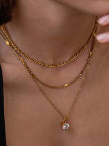 1 Set 3pcs French Minimalist Luxury Stainless Steel Gold Pendant Necklace Set, Suitable For Women's Daily Commute, Party, Gathering, Versatile Layering Accessory - Gold - View 3
