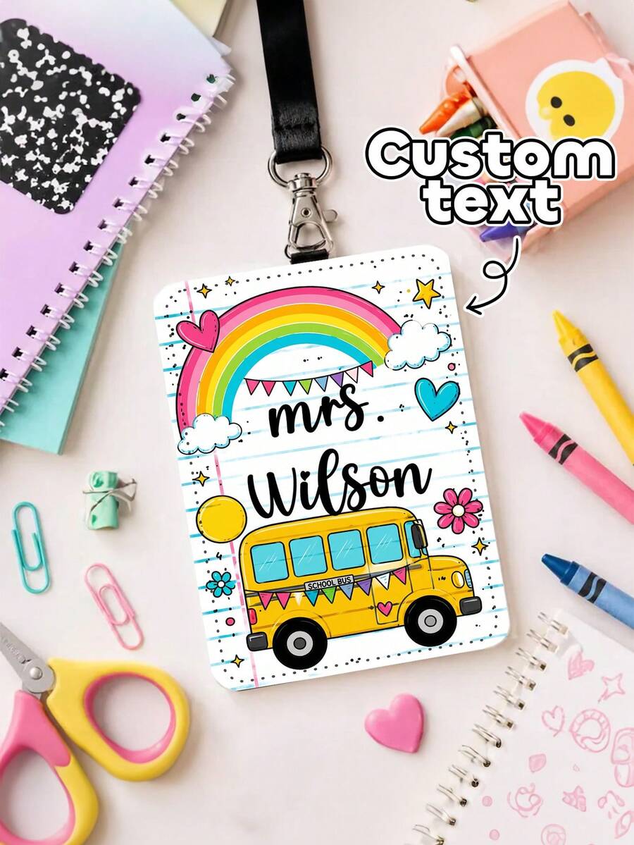 1pc Custom Teacher Name Luggage Tag,School Bus ID Card Cover,Teacher Appreciatio Gift,Back To School,ID Badge Holder Lanyard,Teacher Staff Name Tag - Multicolor - View 1