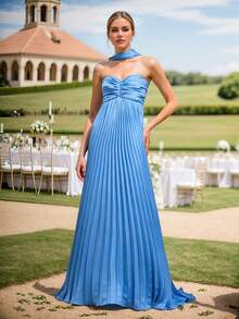 Elegant Ruched Strapless Dress, Satin Fabric, Graceful Party Evening Gown Wedding - Blue - View 1
