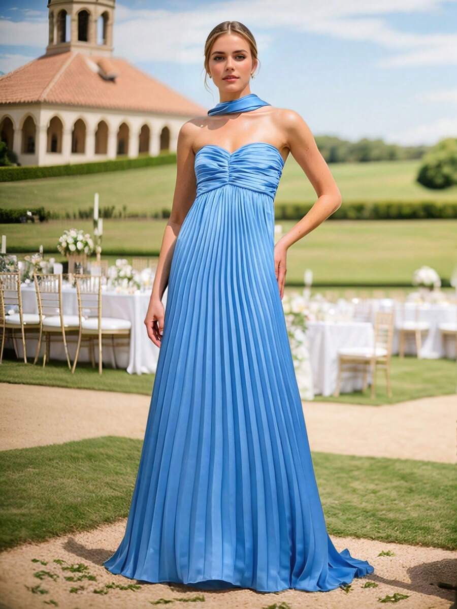 Elegant Ruched Strapless Dress, Satin Fabric, Graceful Party Evening Gown Wedding - Blue - View 1
