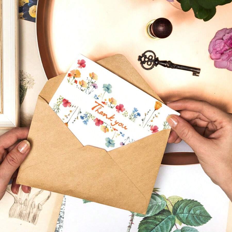 12pcs, Bohemian Wildflower Birthday Party Wedding Thank You Folded Cards, Can Be Written As Greeting Cards With Envelopes, Includes 6 Envelopes + 6 Folded Cards - Sets - View 1