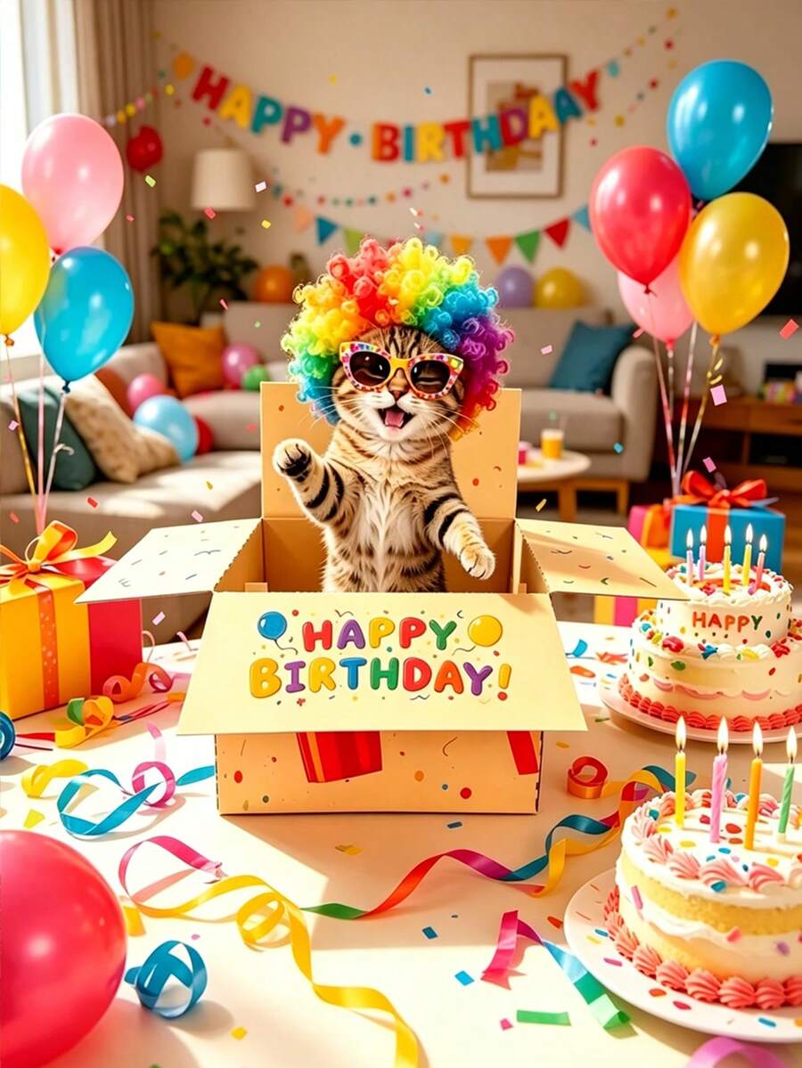 Humorous Funny Standing Cat 3D Birthday Card Gift Box, Birthday Gift For Her/Him, Birthday Decoration Box With Writing Space On Back, Funny Birthday Card, Perfect Birthday Gift For Family And Friends - Multicolor - View 1